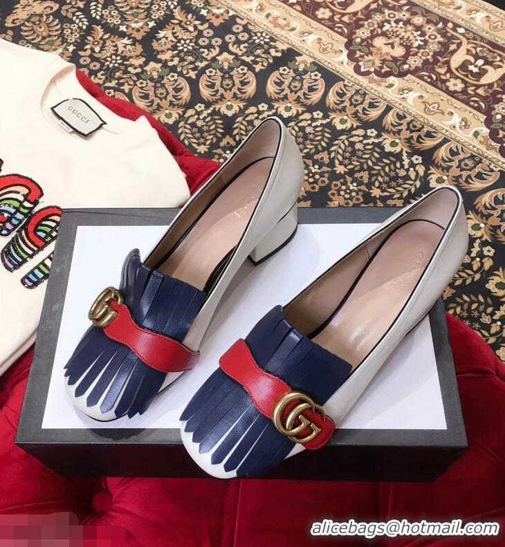 Purchase Gucci Double G Fringe Leather Mid-heel 4.5cm Pumps 9051407 White/Blue/Red 2019