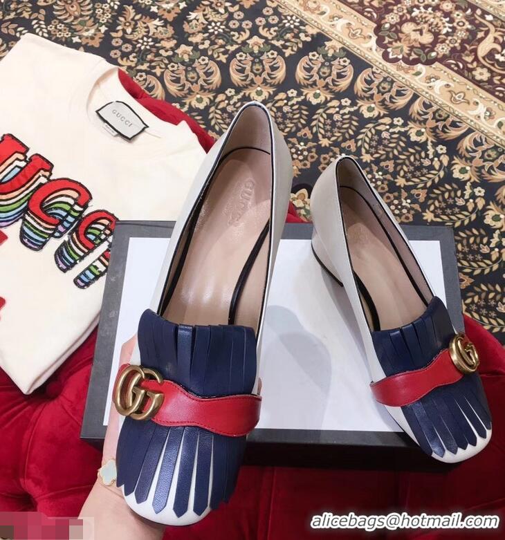 Purchase Gucci Double G Fringe Leather Mid-heel 4.5cm Pumps 9051407 White/Blue/Red 2019