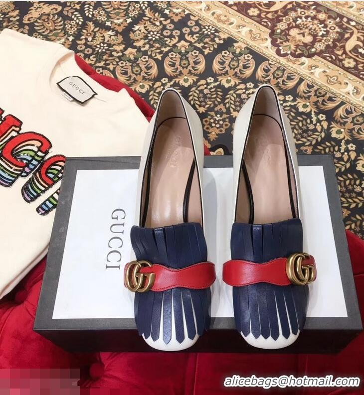 Purchase Gucci Double G Fringe Leather Mid-heel 4.5cm Pumps 9051407 White/Blue/Red 2019