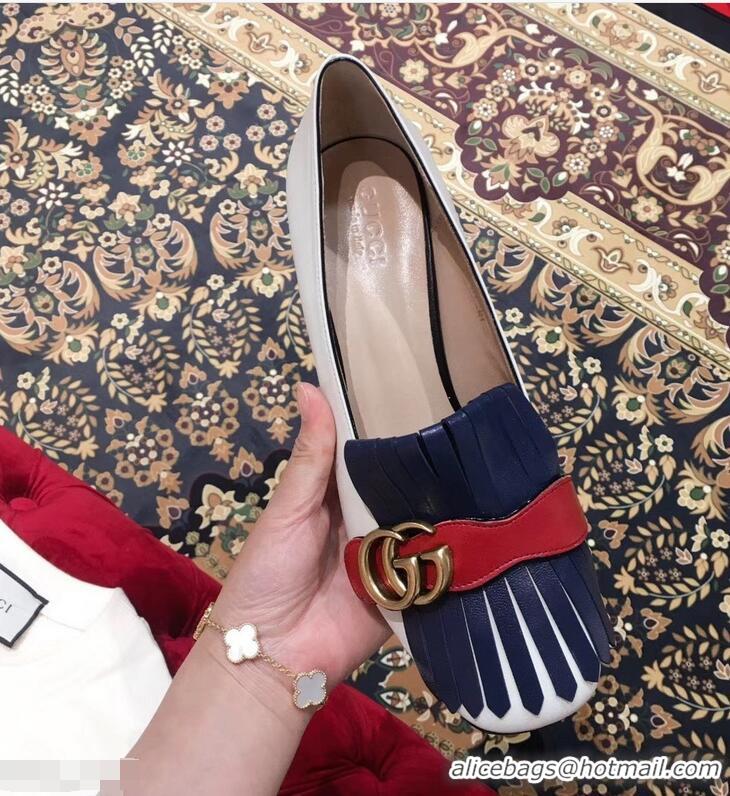 Purchase Gucci Double G Fringe Leather Mid-heel 4.5cm Pumps 9051407 White/Blue/Red 2019