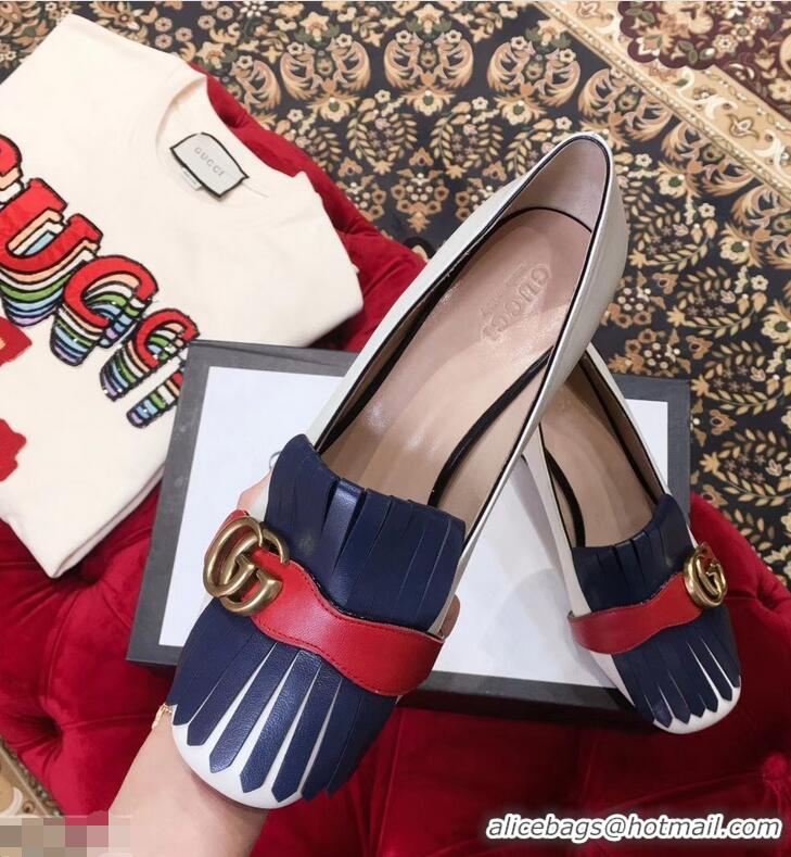 Purchase Gucci Double G Fringe Leather Mid-heel 4.5cm Pumps 9051407 White/Blue/Red 2019