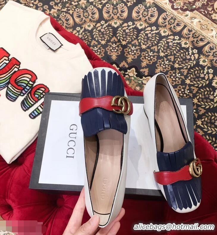 Purchase Gucci Double G Fringe Leather Mid-heel 4.5cm Pumps 9051407 White/Blue/Red 2019