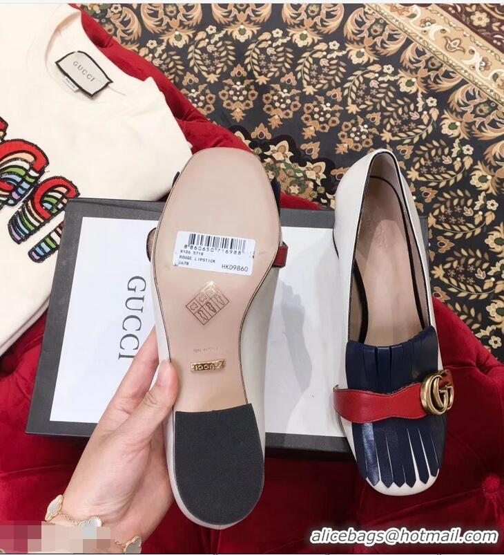 Purchase Gucci Double G Fringe Leather Mid-heel 4.5cm Pumps 9051407 White/Blue/Red 2019