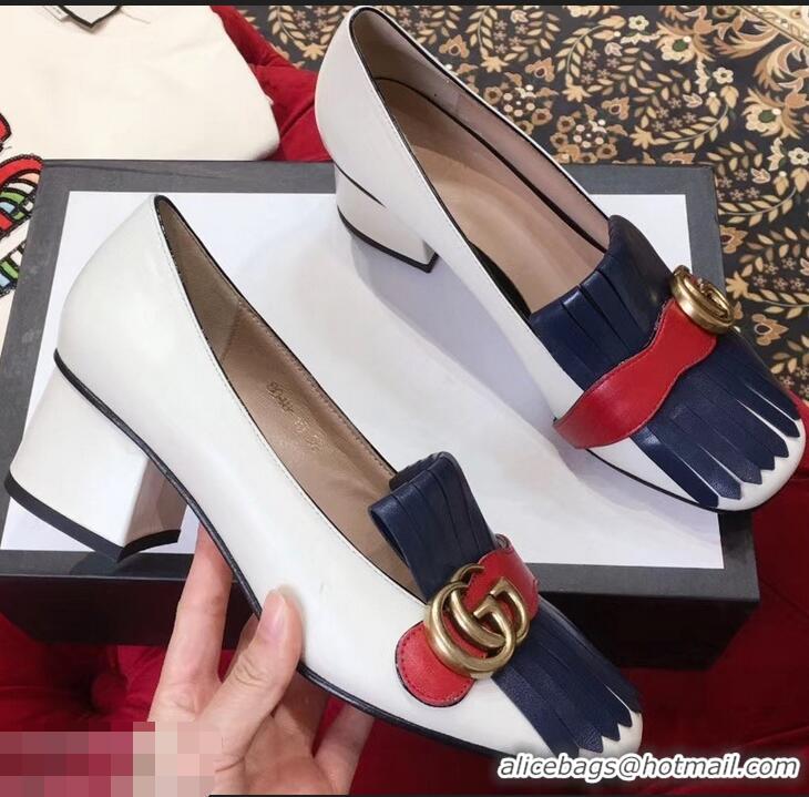 Purchase Gucci Double G Fringe Leather Mid-heel 4.5cm Pumps 9051407 White/Blue/Red 2019