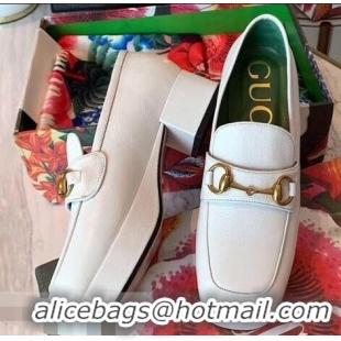 Grade Quality Gucci Heel 4.5cm Leather Platform Loafers with Horsebit 9051401 White 2019