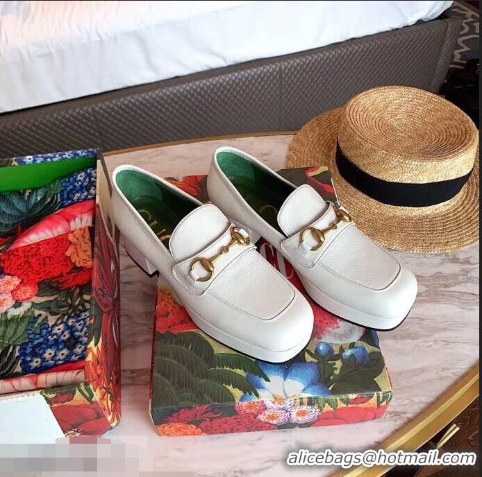 Grade Quality Gucci Heel 4.5cm Leather Platform Loafers with Horsebit 9051401 White 2019