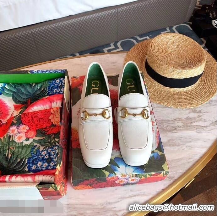 Grade Quality Gucci Heel 4.5cm Leather Platform Loafers with Horsebit 9051401 White 2019