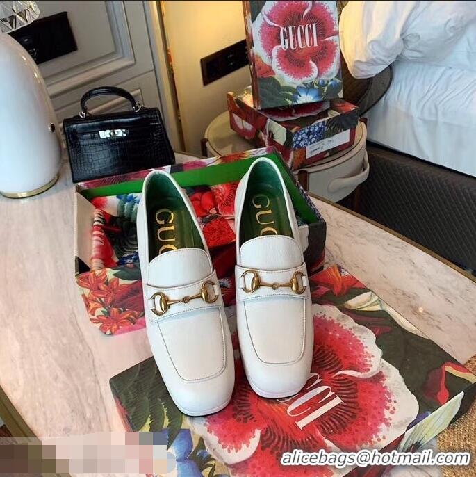 Grade Quality Gucci Heel 4.5cm Leather Platform Loafers with Horsebit 9051401 White 2019