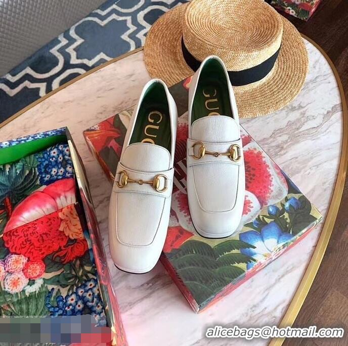 Grade Quality Gucci Heel 4.5cm Leather Platform Loafers with Horsebit 9051401 White 2019