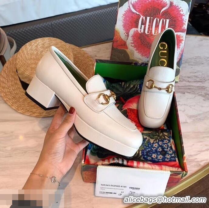 Grade Quality Gucci Heel 4.5cm Leather Platform Loafers with Horsebit 9051401 White 2019