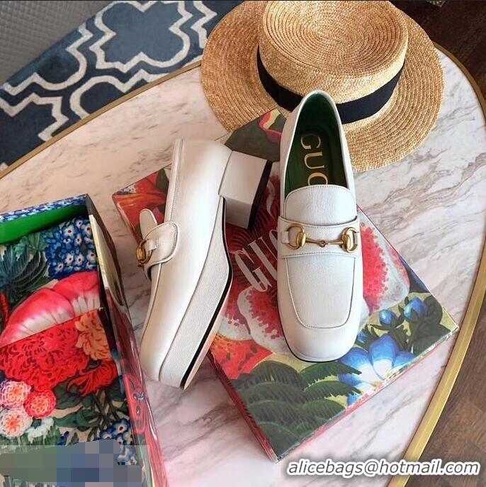 Grade Quality Gucci Heel 4.5cm Leather Platform Loafers with Horsebit 9051401 White 2019