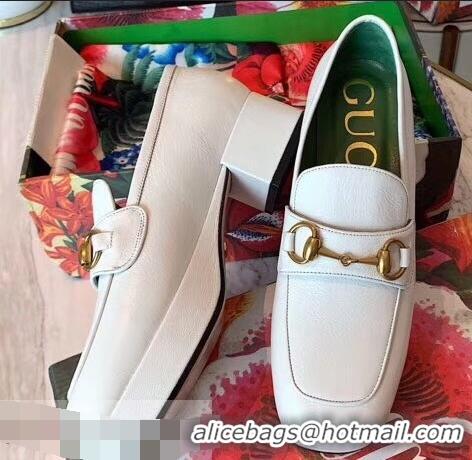 Grade Quality Gucci Heel 4.5cm Leather Platform Loafers with Horsebit 9051401 White 2019