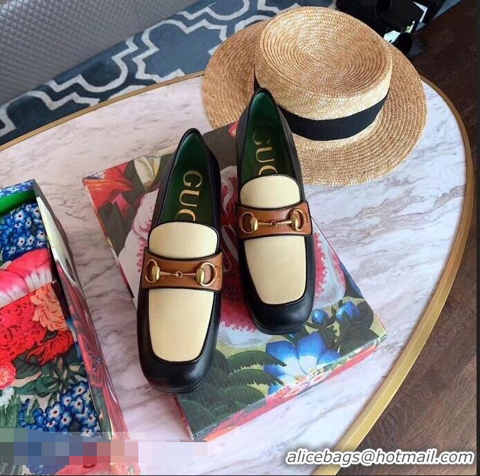 Pretty Style Gucci Heel 4.5cm Leather Platform Loafers with Horsebit 565365 Beige/Black/Brown 2019