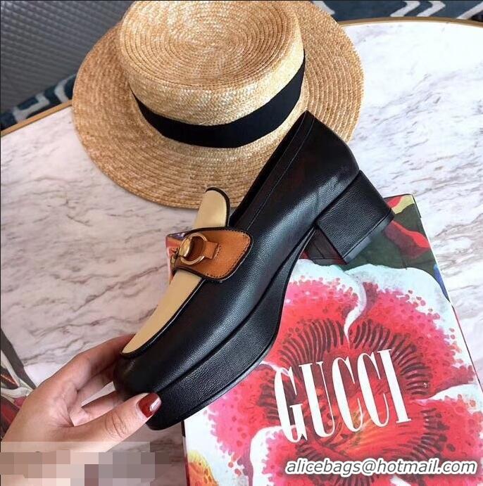 Pretty Style Gucci Heel 4.5cm Leather Platform Loafers with Horsebit 565365 Beige/Black/Brown 2019