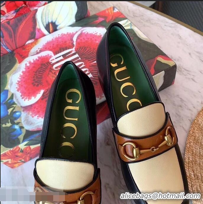 Pretty Style Gucci Heel 4.5cm Leather Platform Loafers with Horsebit 565365 Beige/Black/Brown 2019