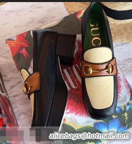 Pretty Style Gucci Heel 4.5cm Leather Platform Loafers with Horsebit 565365 Beige/Black/Brown 2019