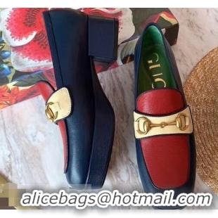 Top Grade Gucci Heel 4.5cm Leather Platform Loafers with Horsebit 565365 Red/Blue/Beige 2019