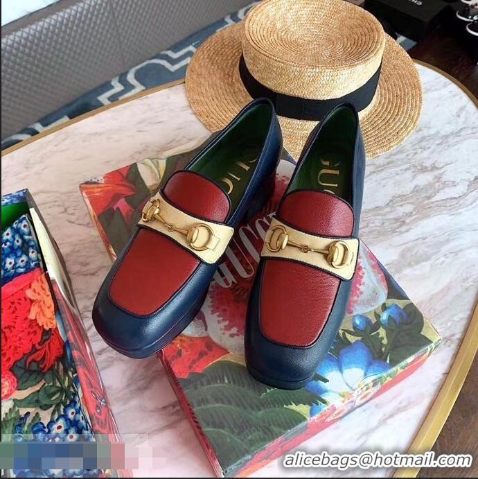 Top Grade Gucci Heel 4.5cm Leather Platform Loafers with Horsebit 565365 Red/Blue/Beige 2019