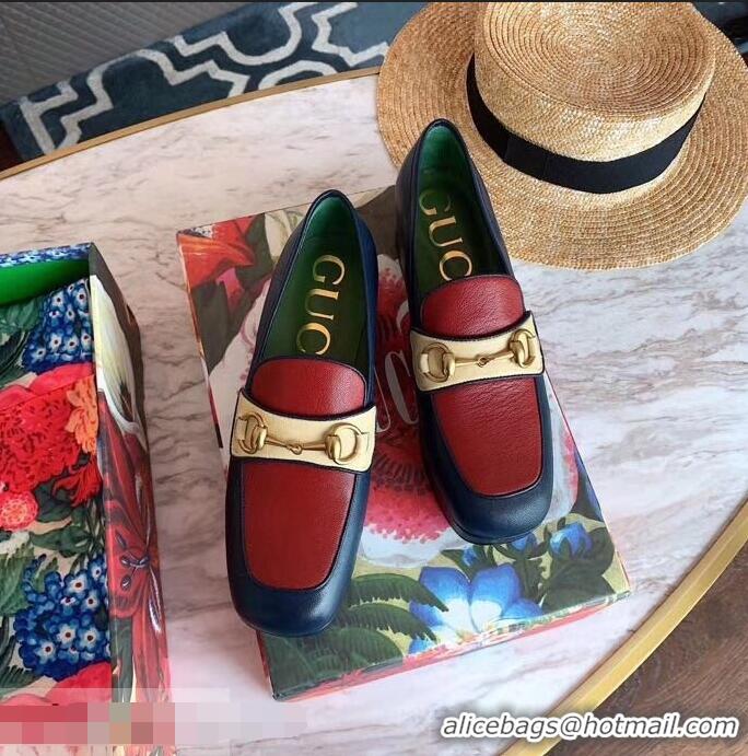 Top Grade Gucci Heel 4.5cm Leather Platform Loafers with Horsebit 565365 Red/Blue/Beige 2019