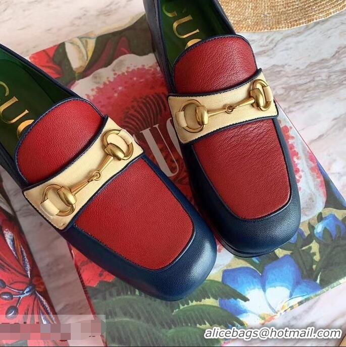 Top Grade Gucci Heel 4.5cm Leather Platform Loafers with Horsebit 565365 Red/Blue/Beige 2019