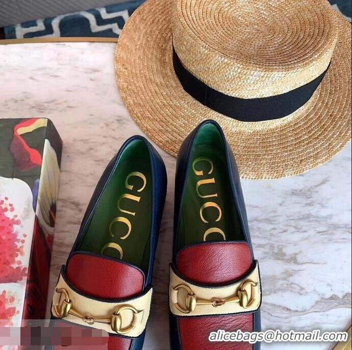 Top Grade Gucci Heel 4.5cm Leather Platform Loafers with Horsebit 565365 Red/Blue/Beige 2019