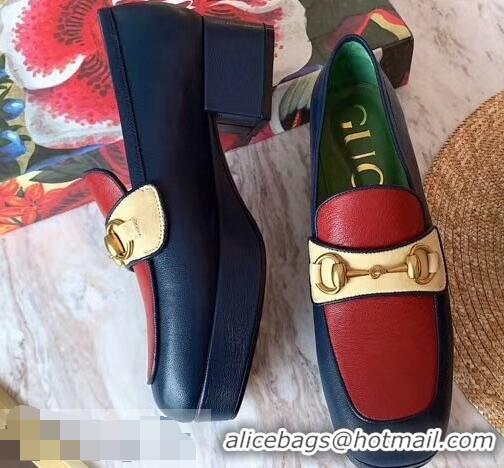 Top Grade Gucci Heel 4.5cm Leather Platform Loafers with Horsebit 565365 Red/Blue/Beige 2019