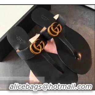 Traditional Discount Gucci Leather Thong Sandals with Double G 497444 Black