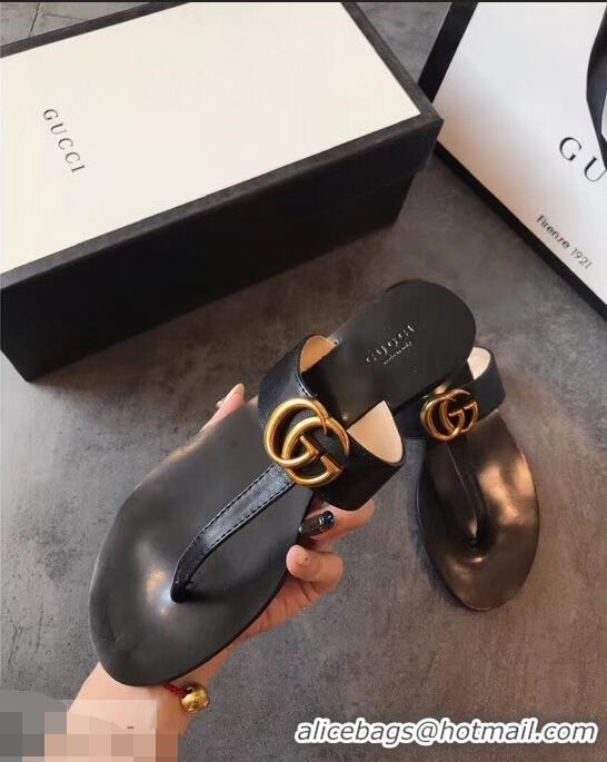 Traditional Discount Gucci Leather Thong Sandals with Double G 497444 Black