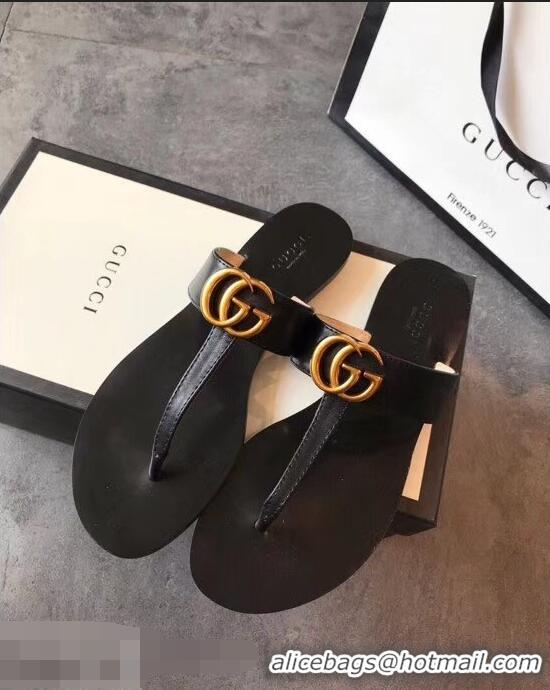 Traditional Discount Gucci Leather Thong Sandals with Double G 497444 Black