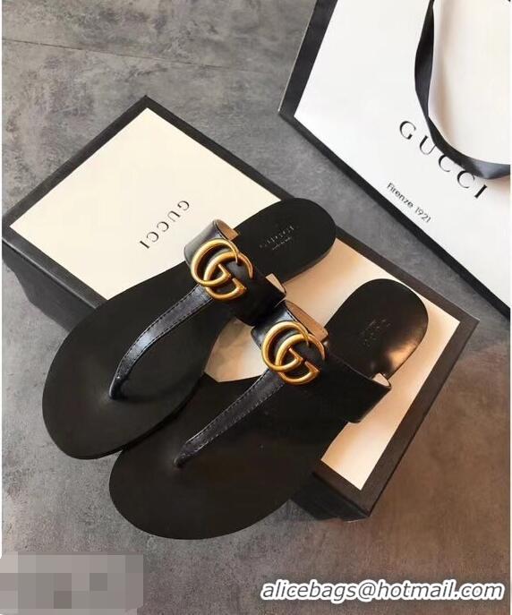 Traditional Discount Gucci Leather Thong Sandals with Double G 497444 Black