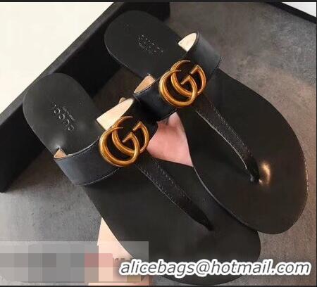 Traditional Discount Gucci Leather Thong Sandals with Double G 497444 Black