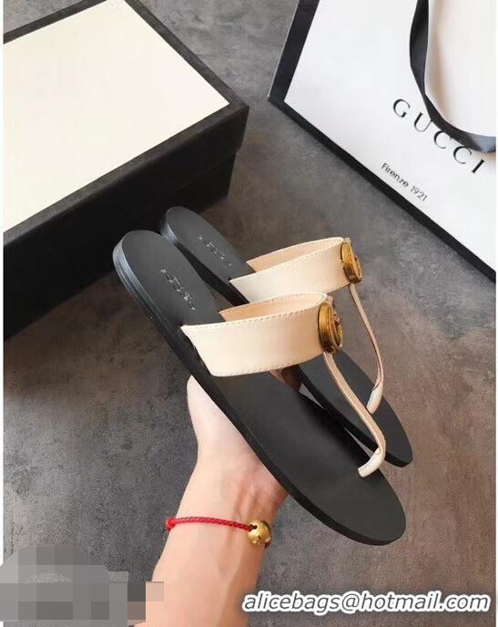 Famous Faux Gucci Leather Thong Sandals with Double G 497444 White