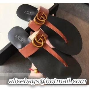 Famous Brand Gucci Leather Thong Sandals with Double G 497444 Brown