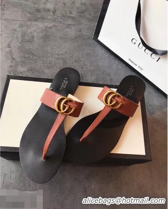 Famous Brand Gucci Leather Thong Sandals with Double G 497444 Brown