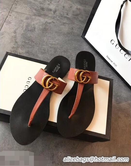 Famous Brand Gucci Leather Thong Sandals with Double G 497444 Brown