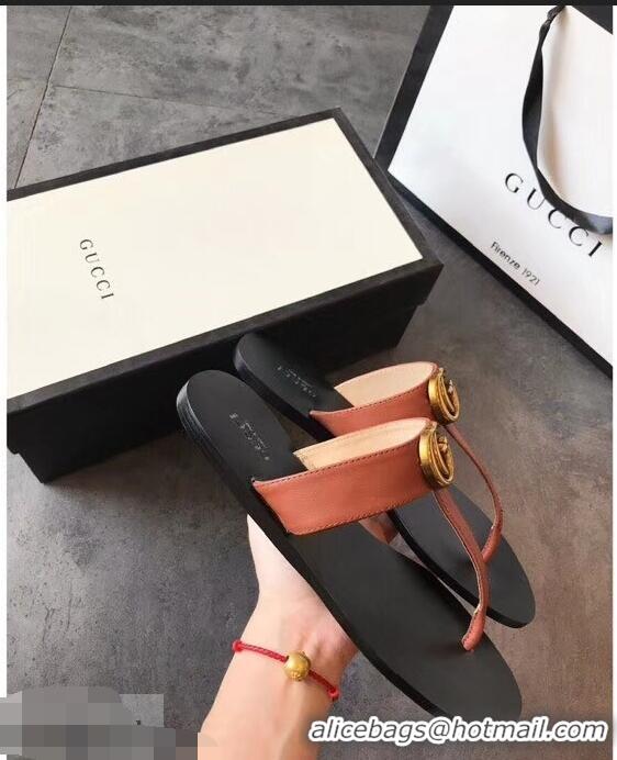 Famous Brand Gucci Leather Thong Sandals with Double G 497444 Brown