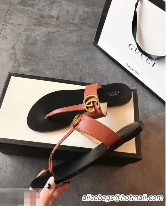 Famous Brand Gucci Leather Thong Sandals with Double G 497444 Brown