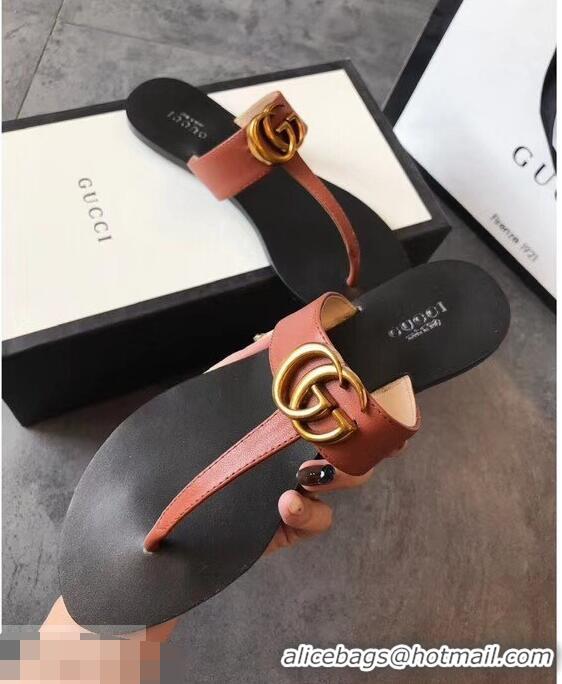 Famous Brand Gucci Leather Thong Sandals with Double G 497444 Brown