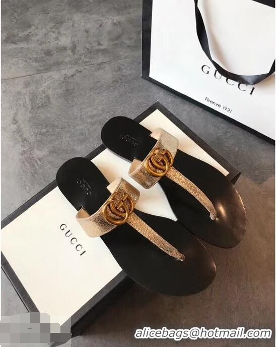 Big Enough Gucci Leather Thong Sandals with Double G 497444 Metallic Gold