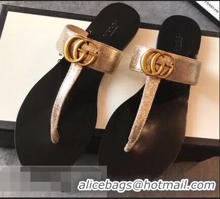 Big Enough Gucci Leather Thong Sandals with Double G 497444 Metallic Gold