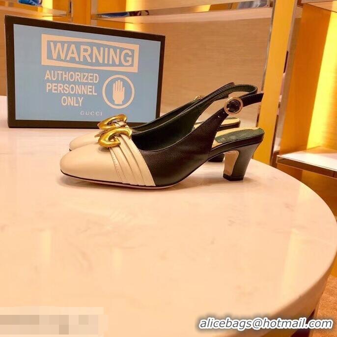 Low Price Gucci Leather Mid-heel Slingback Pumps with Half Moon GG 572818 Off White 2019