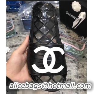 Cheapest Chanel CC Logo Transparent PVC Shower Shoes Mules Slipper Sandals 951501 Black/White 2019