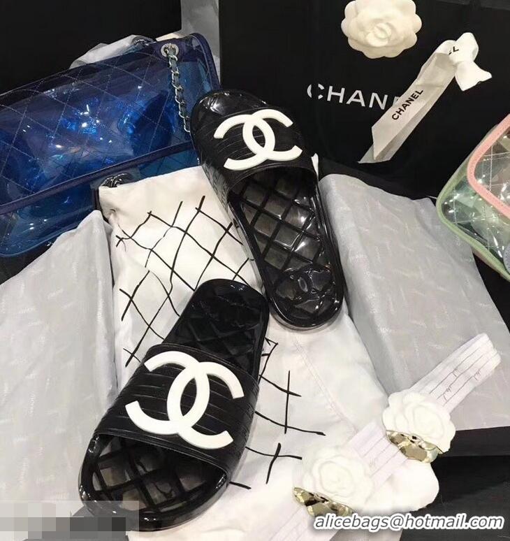 Cheapest Chanel CC Logo Transparent PVC Shower Shoes Mules Slipper Sandals 951501 Black/White 2019