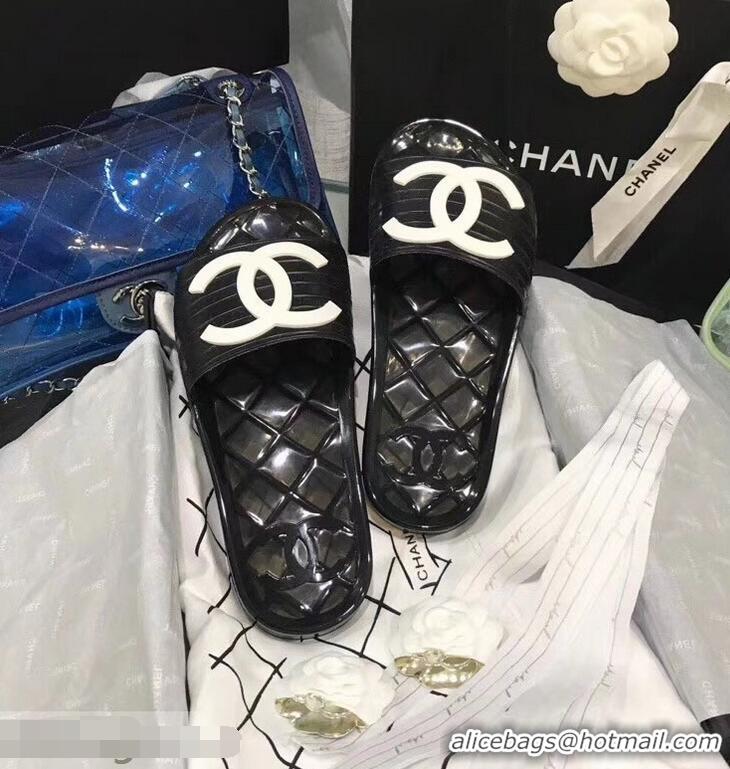 Cheapest Chanel CC Logo Transparent PVC Shower Shoes Mules Slipper Sandals 951501 Black/White 2019