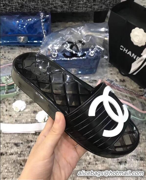 Cheapest Chanel CC Logo Transparent PVC Shower Shoes Mules Slipper Sandals 951501 Black/White 2019