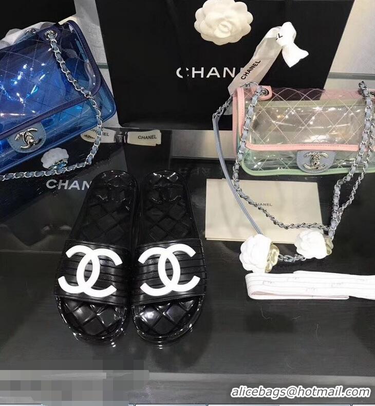 Cheapest Chanel CC Logo Transparent PVC Shower Shoes Mules Slipper Sandals 951501 Black/White 2019