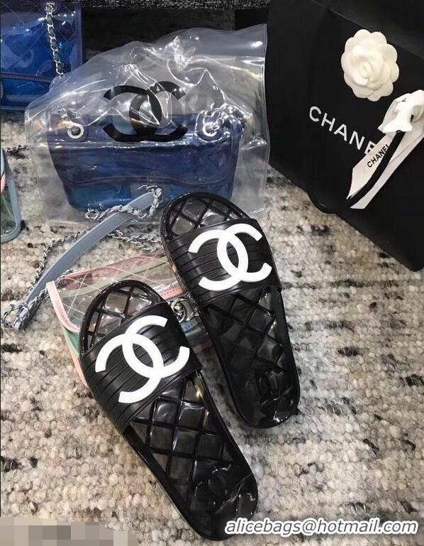 Cheapest Chanel CC Logo Transparent PVC Shower Shoes Mules Slipper Sandals 951501 Black/White 2019