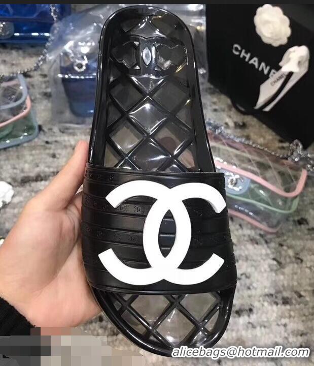 Cheapest Chanel CC Logo Transparent PVC Shower Shoes Mules Slipper Sandals 951501 Black/White 2019