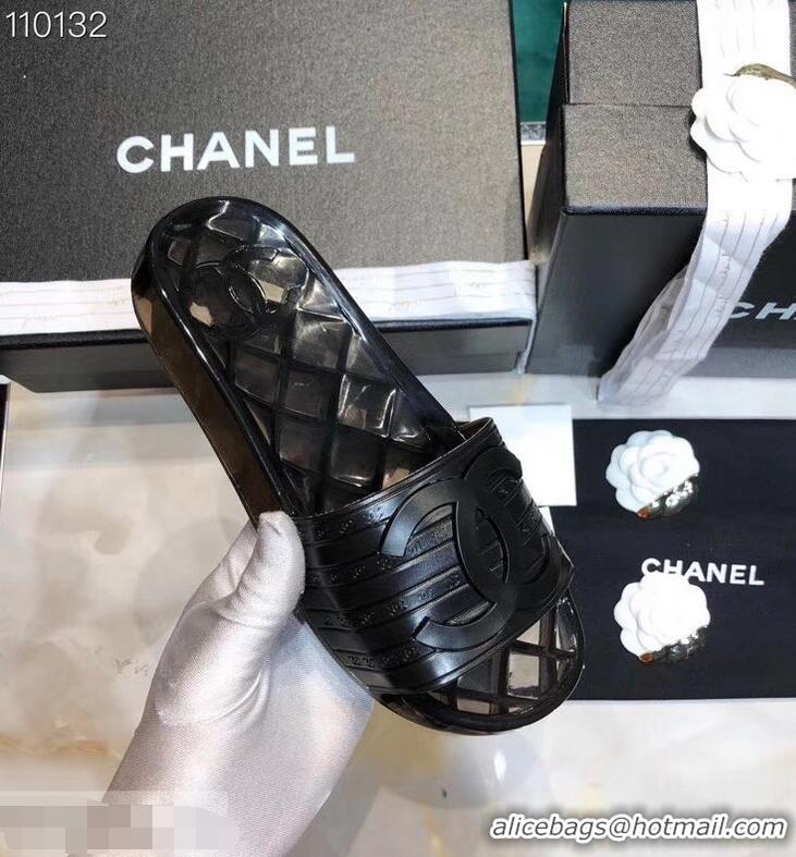 Discount Chanel CC Logo Transparent PVC Shower Shoes Mules Slipper Sandals 951501 Black 2019