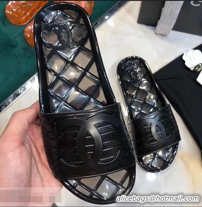 Discount Chanel CC Logo Transparent PVC Shower Shoes Mules Slipper Sandals 951501 Black 2019